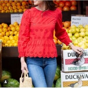 Madewell eyelet keyhole peplum top red cotton scalloped size XS
